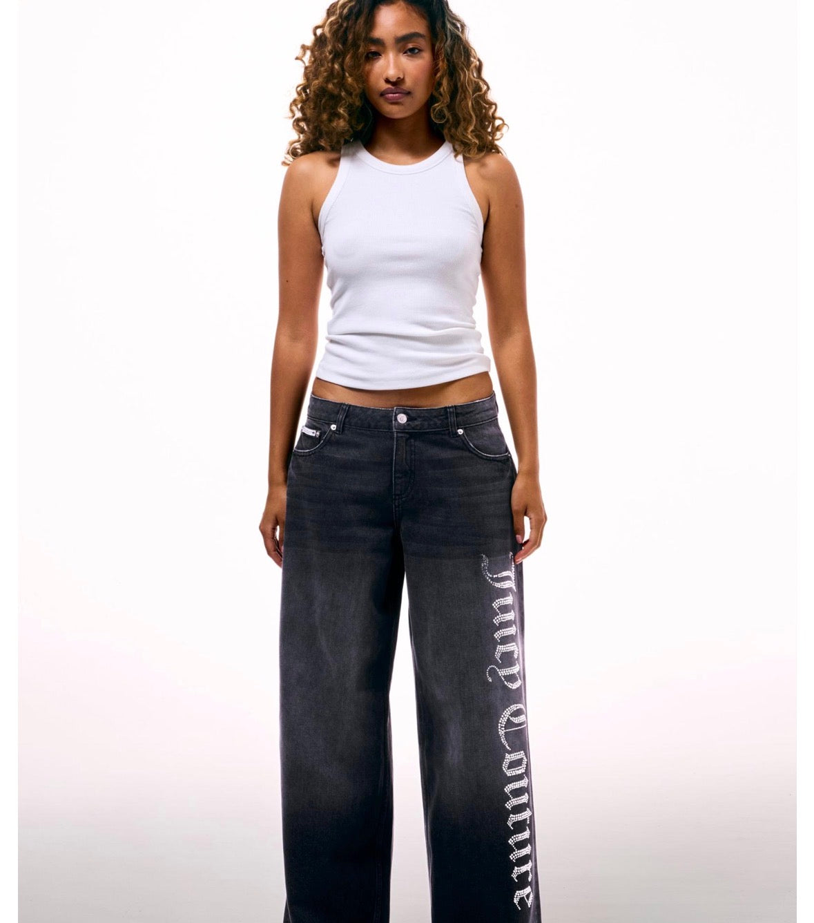 WASHED BLACK DIAMANTE WIDE LEG JEANS