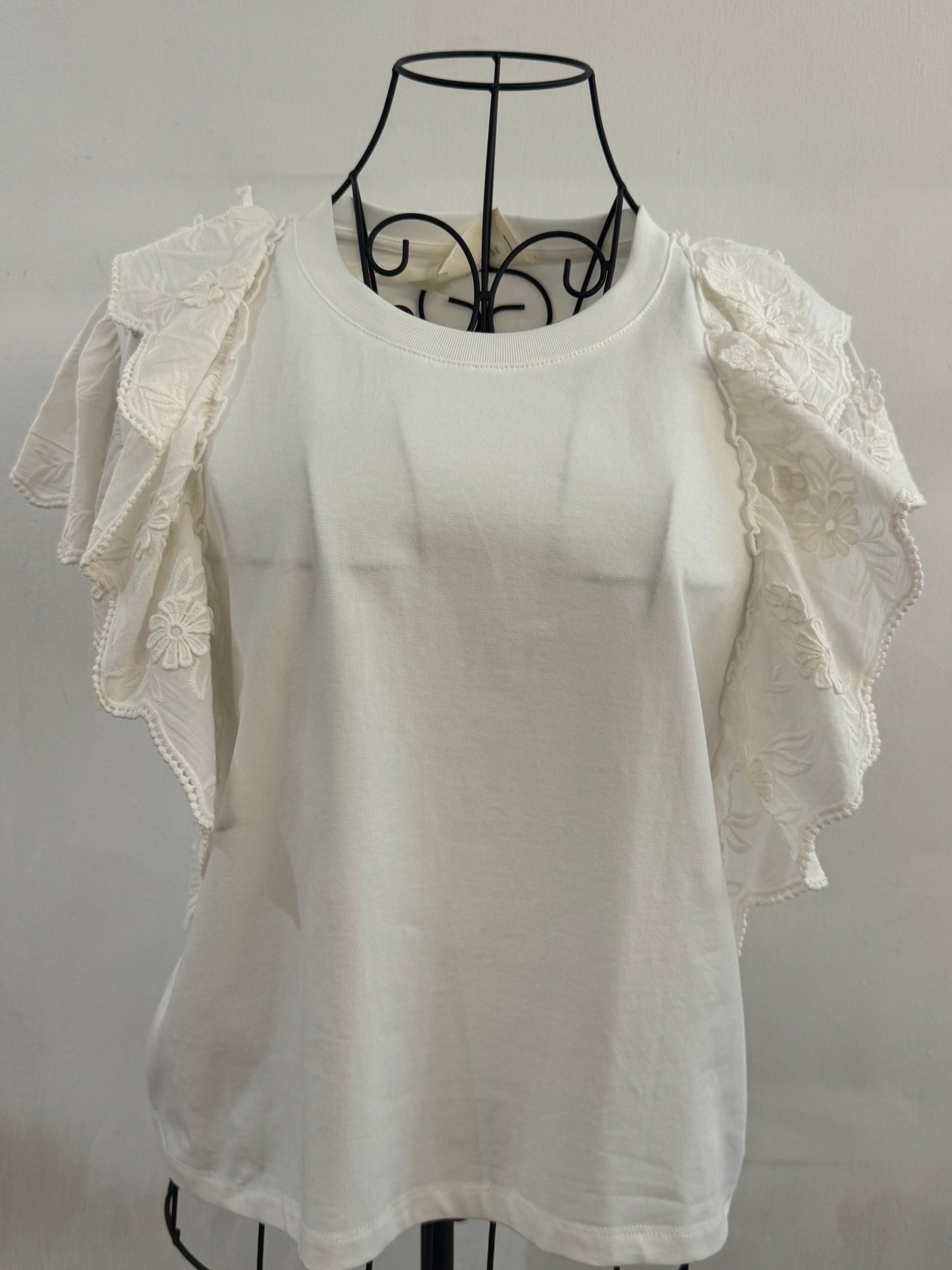 T-shirt donna bianca in cotone con maniche in pizzo ricamato You Decide