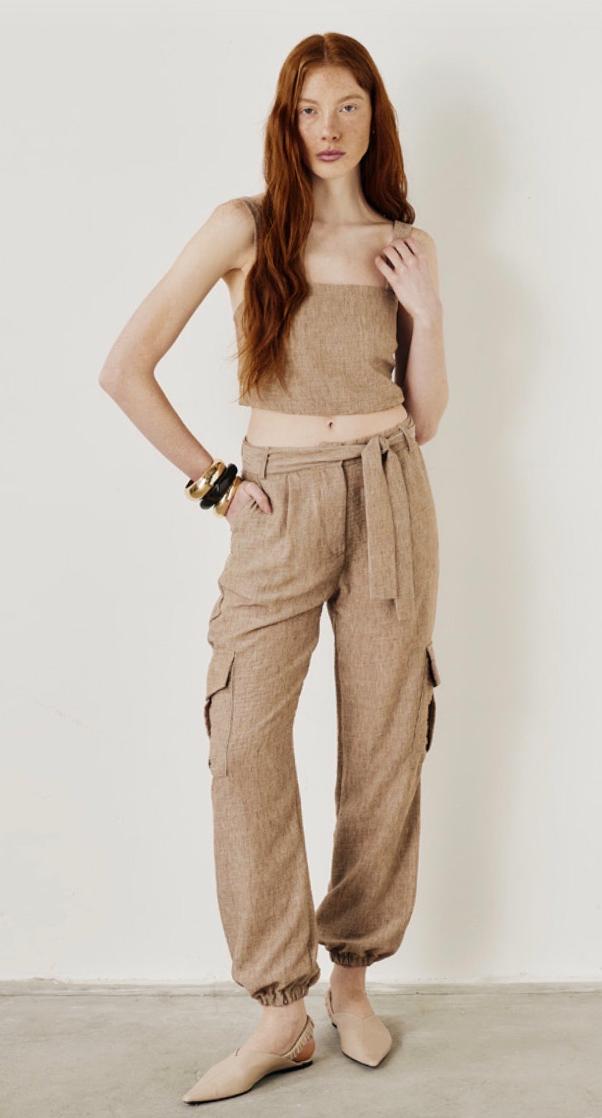 Pantalone cargo in lino naturale con cintura beige Amiuni