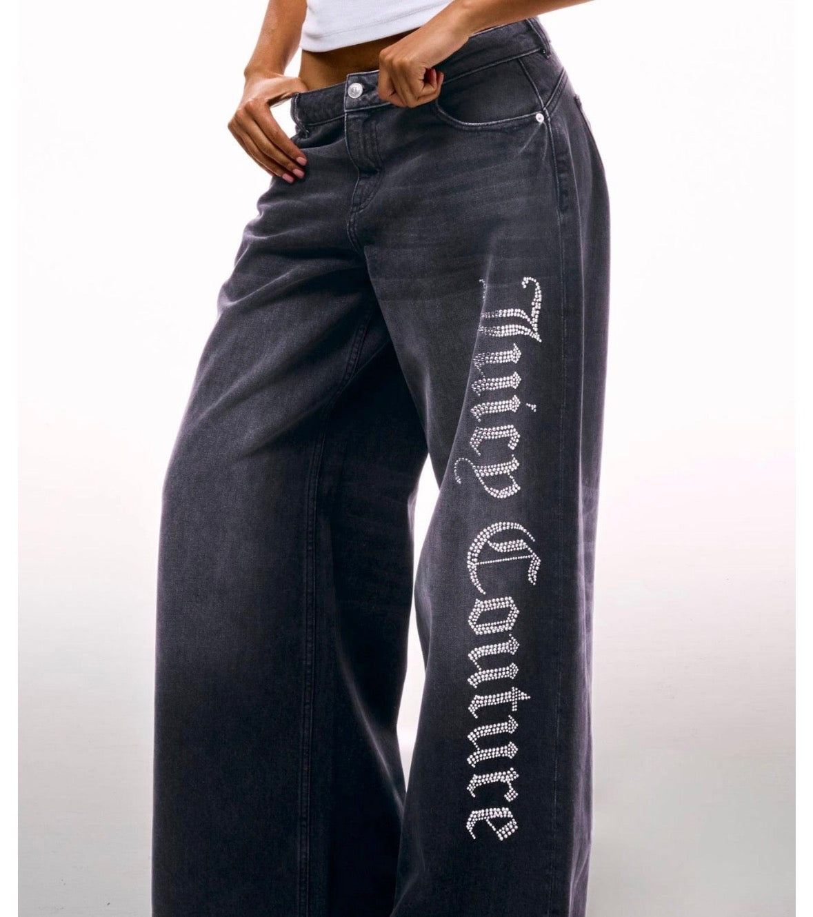 WASHED BLACK DIAMANTE WIDE LEG JEANS