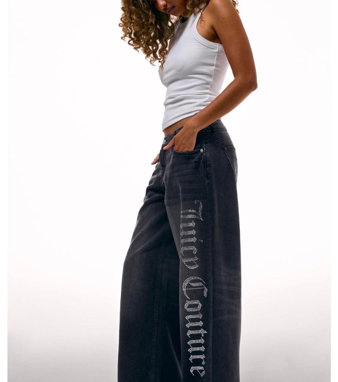 WASHED BLACK DIAMANTE WIDE LEG JEANS
