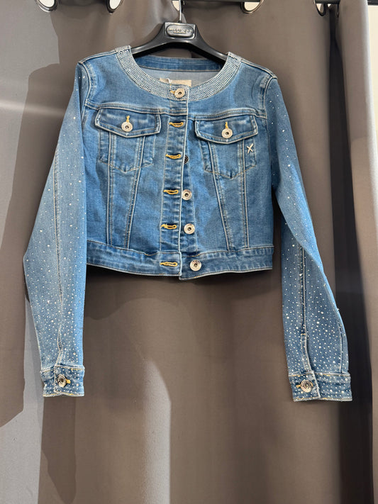 Giubbino in denim corto con strass e collo gioiello Take Two