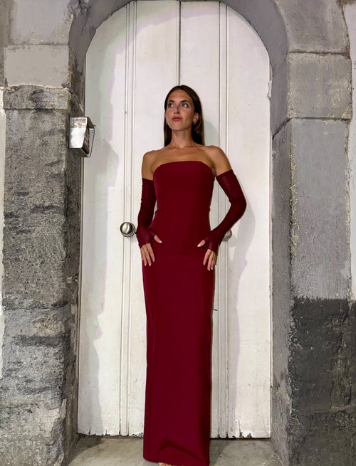 Abito lungo bustier bordeaux con guanti Kostumn