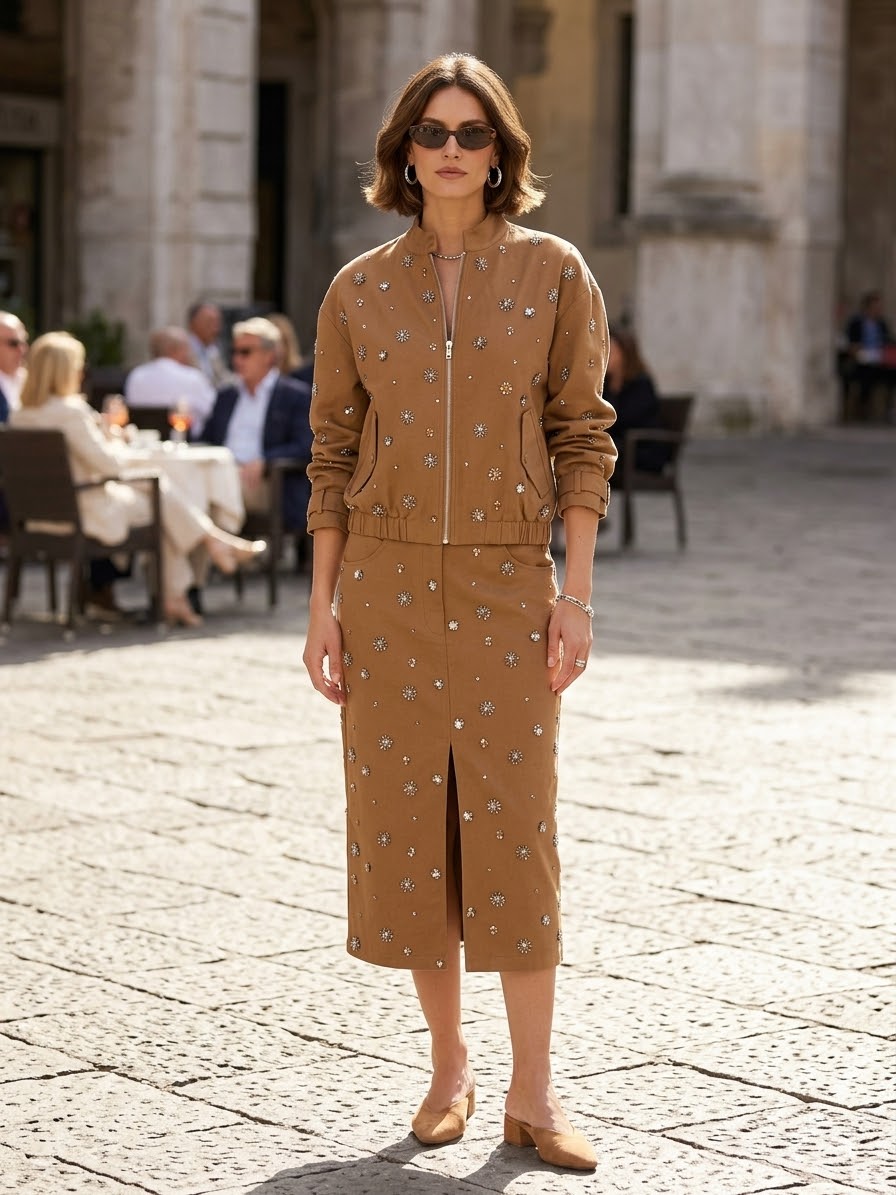 Completo due pezzi bomber e longuette cammello  con dettagli punto luce You Decide