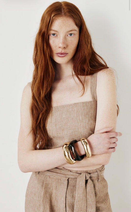 Top crop in lino naturale con scollo quadrato beige Amiuni
