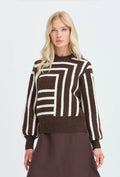 Maglione Donna Marrone con Motivo Geometrico Bianco