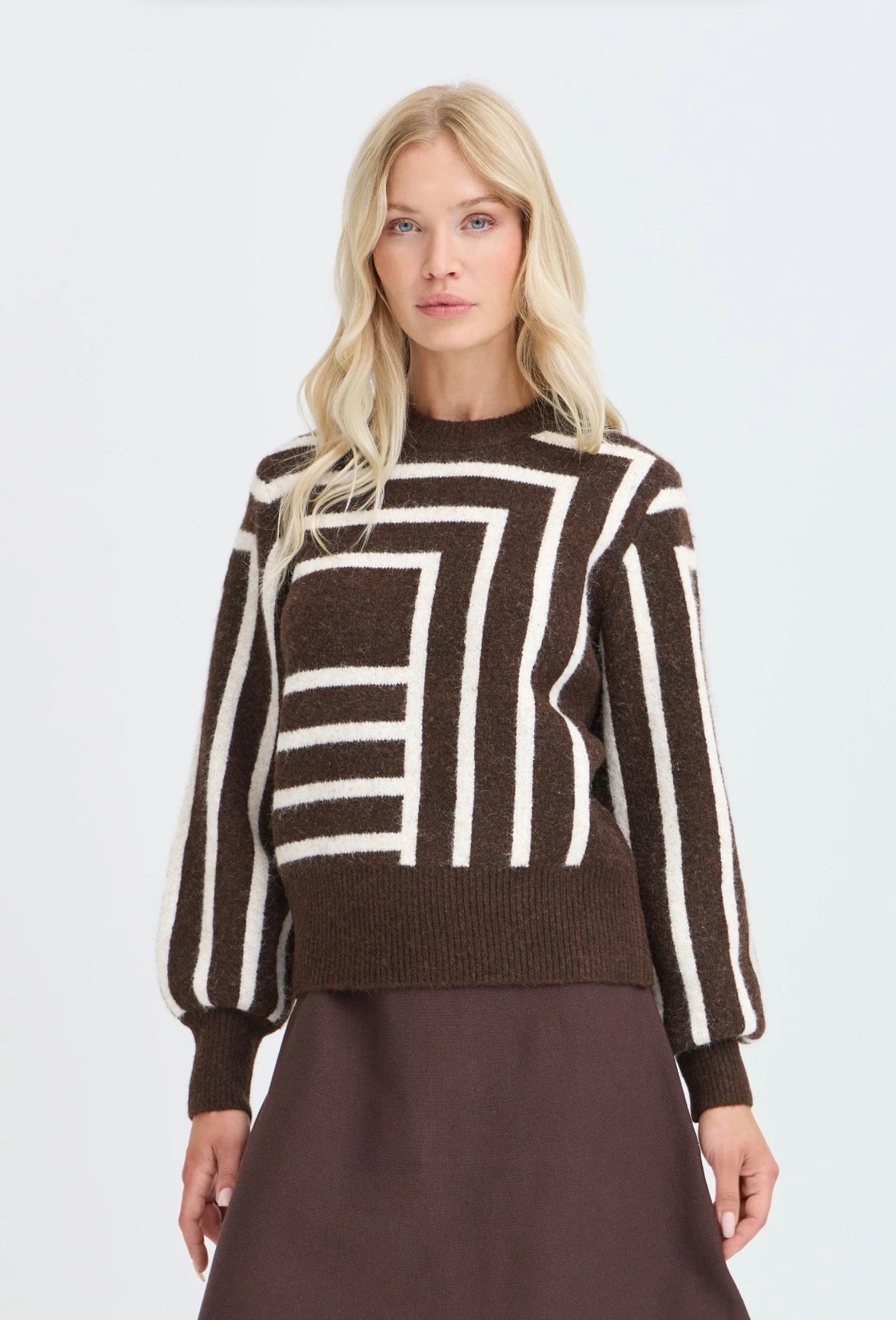 Maglione Donna Marrone con Motivo Geometrico Bianco