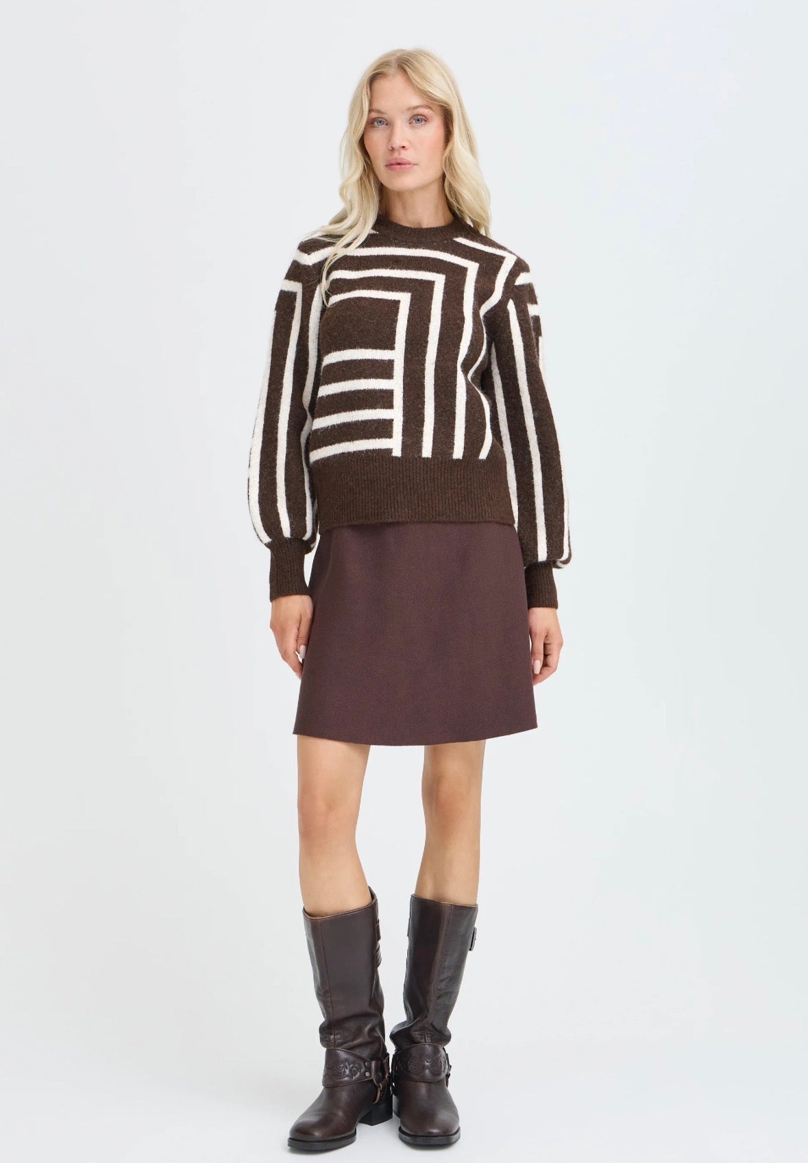 Maglione Donna Marrone con Motivo Geometrico Bianco