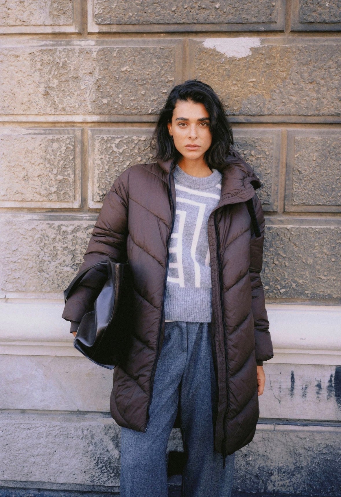 Maglione Donna Grigio con Fantasia Geometrica Panna