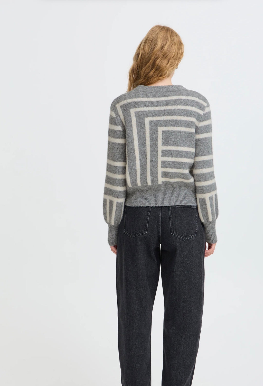 Maglione Donna Grigio con Fantasia Geometrica Panna