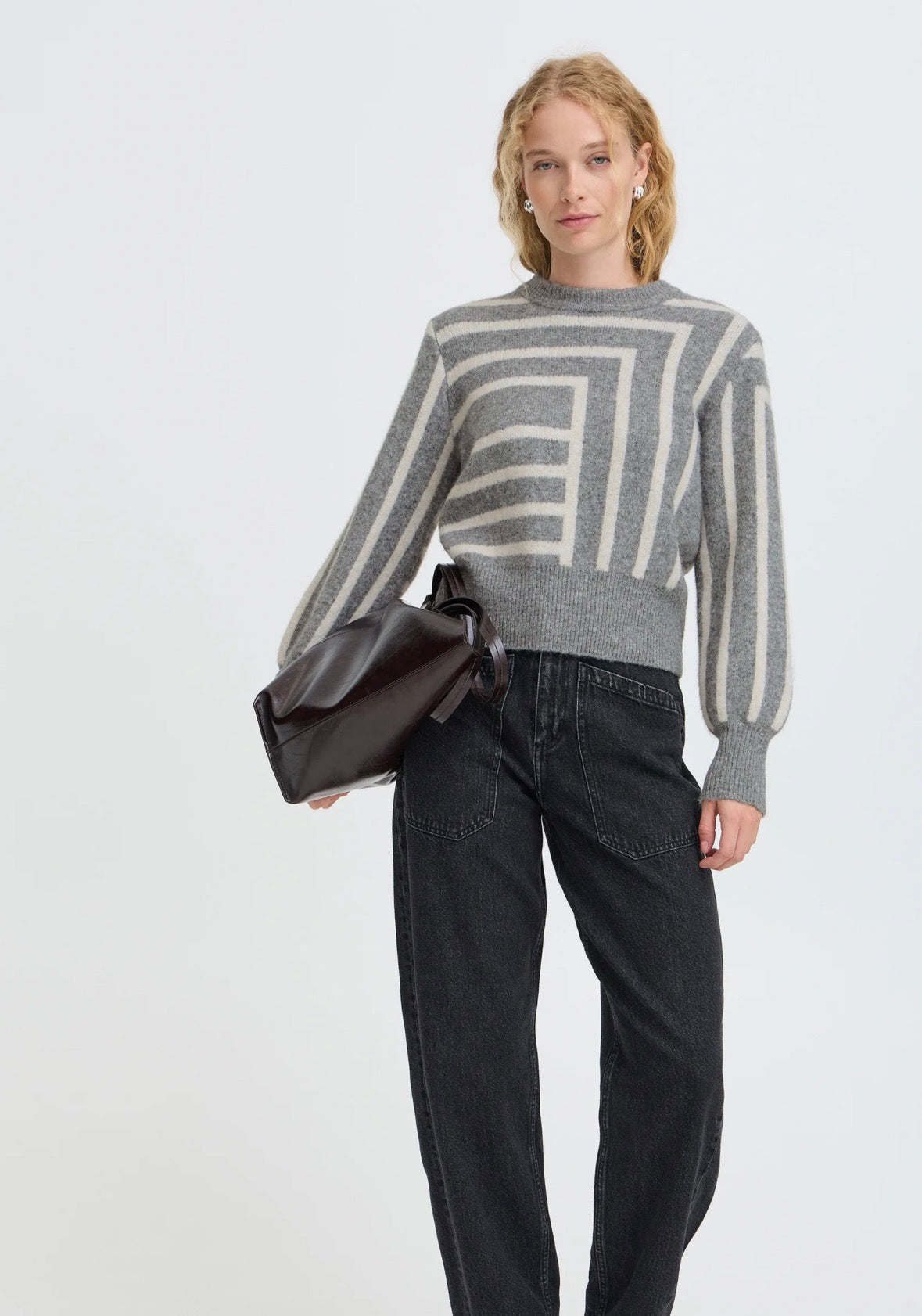 Maglione Donna Grigio con Fantasia Geometrica Panna