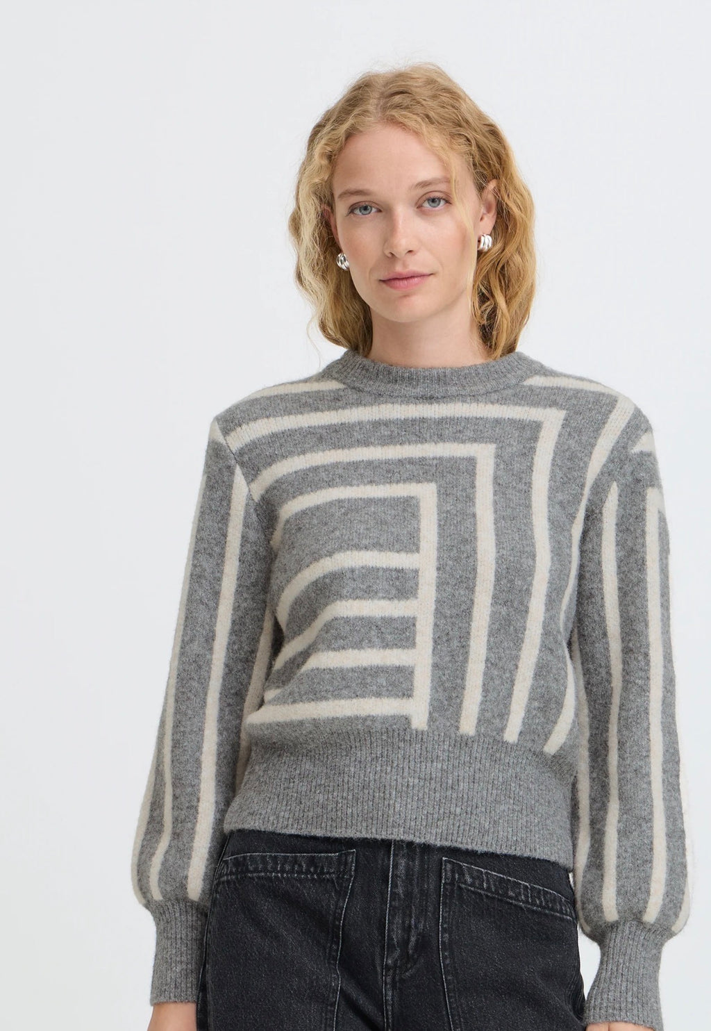 Maglione Donna Grigio con Fantasia Geometrica Panna